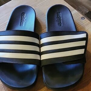 Adidas Black Slides with White Stripes